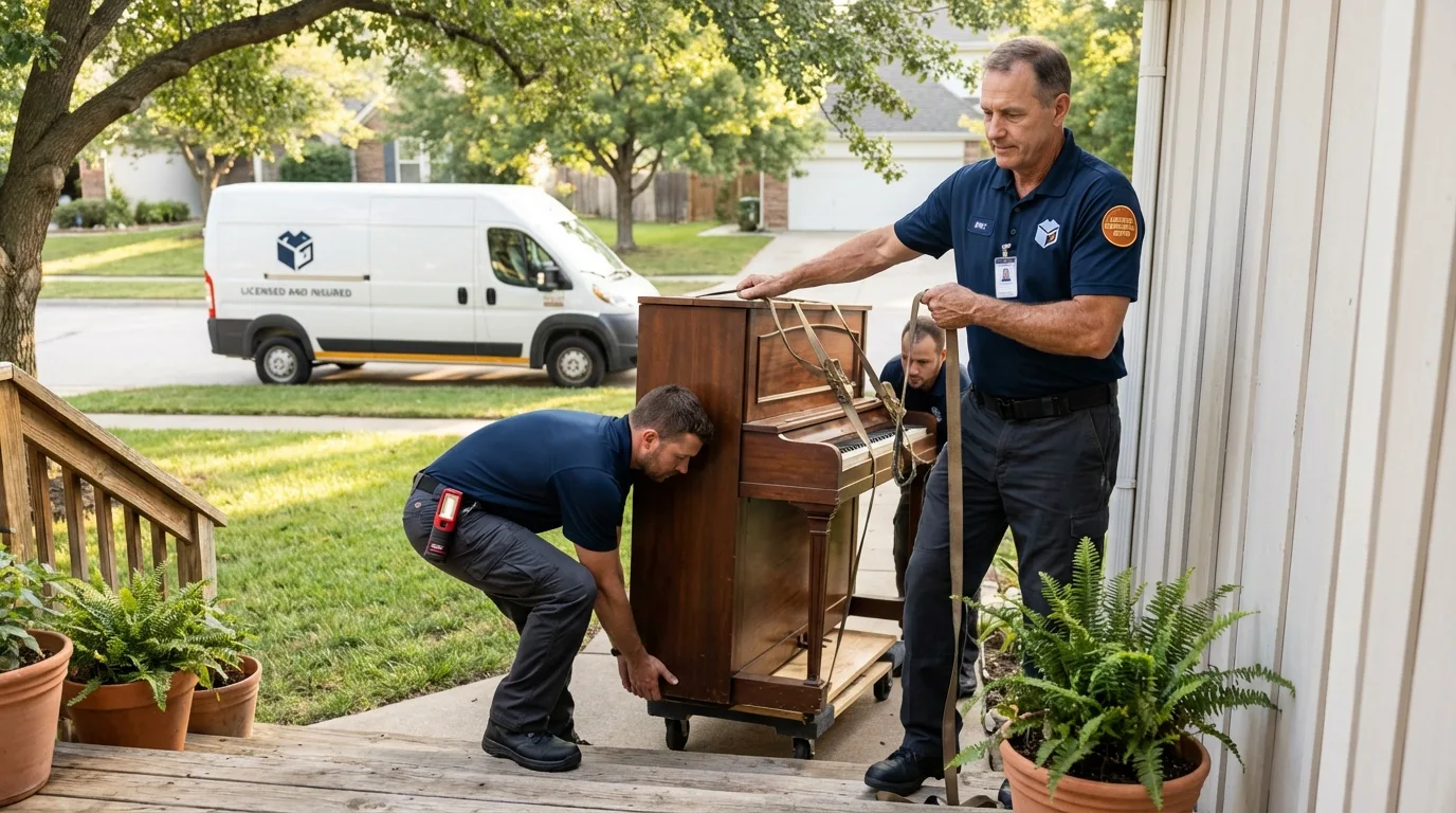 Licensed piano movers securing grand piano in Bloomfield Hills, MI
