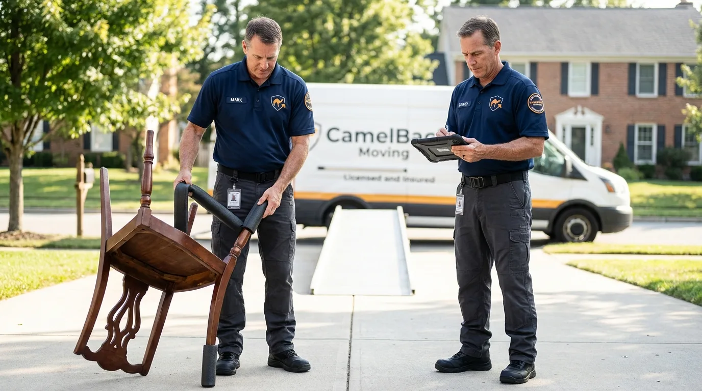 Movers inspecting furniture for damage prevention before loading in Bloomfield Hills, MI