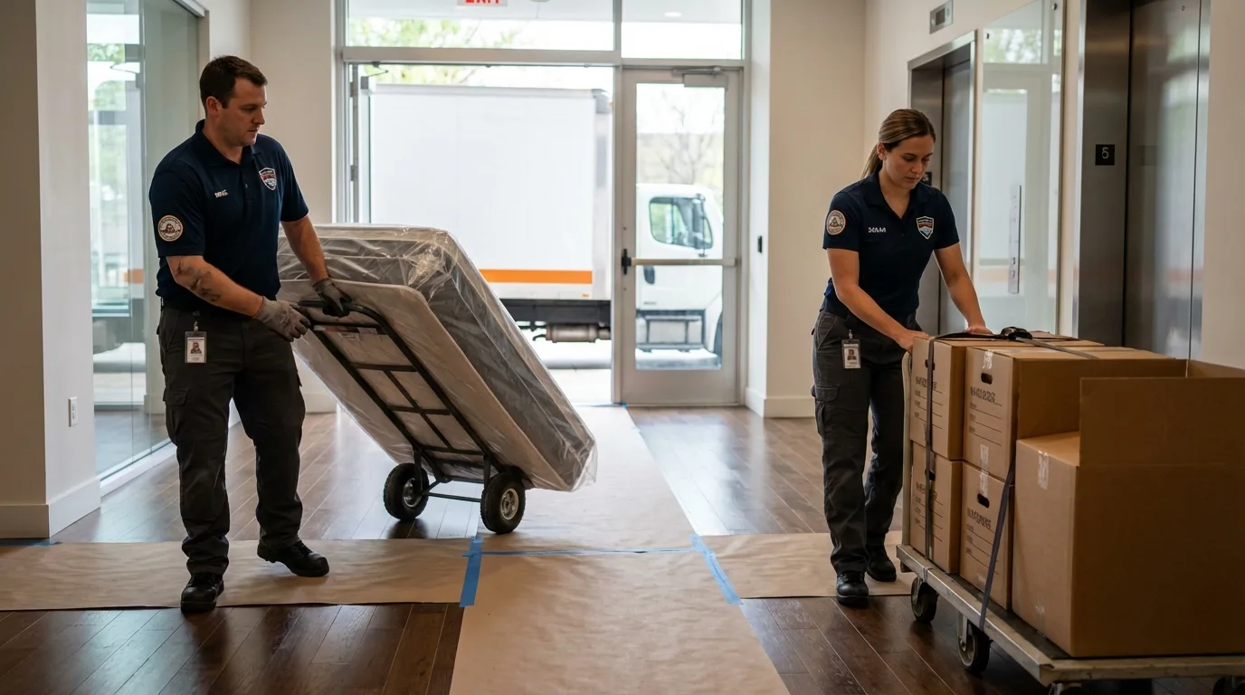 Professional apartment movers loading elevator in Bloomfield Hills, MI